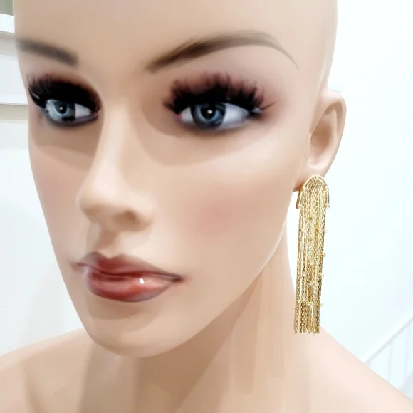 Brand New Gold Tone Rhinestone Tassel Long Earrings - Picture 5 of 8